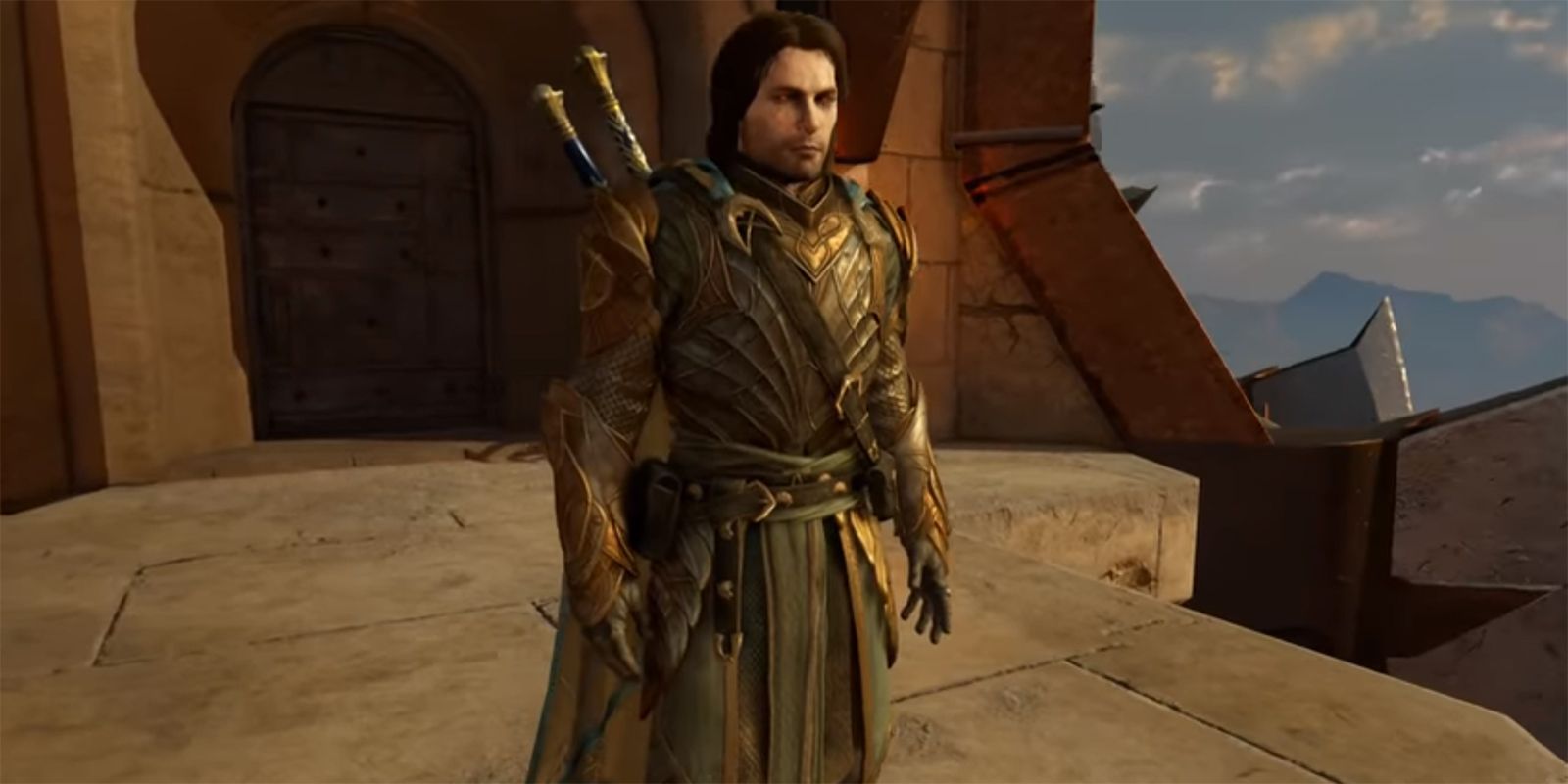 Talion standing atop a tower, wearing the Mystic Legendary set.