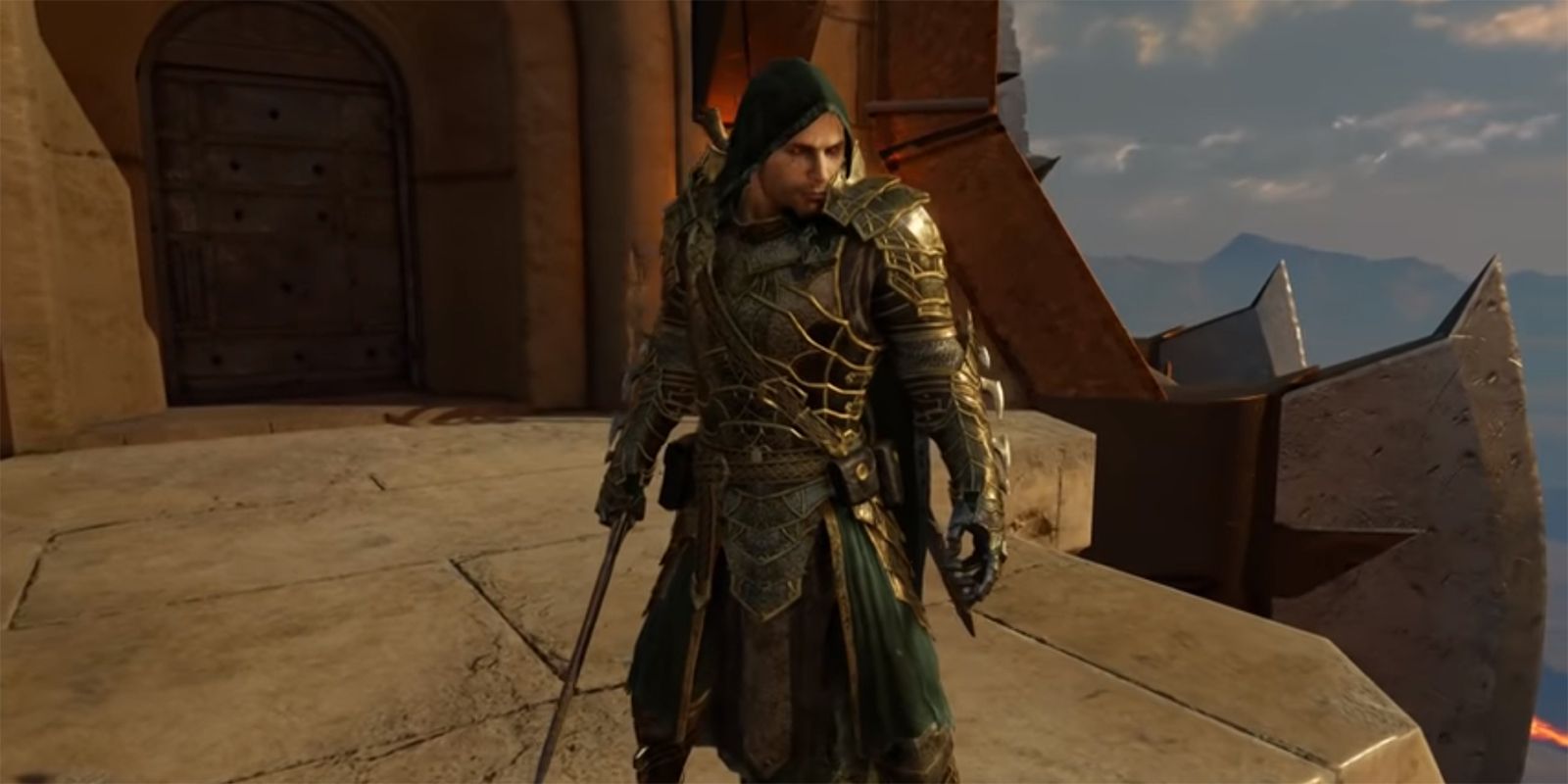 Talion standing atop a tower, wearing the Vendetta Legendary set.