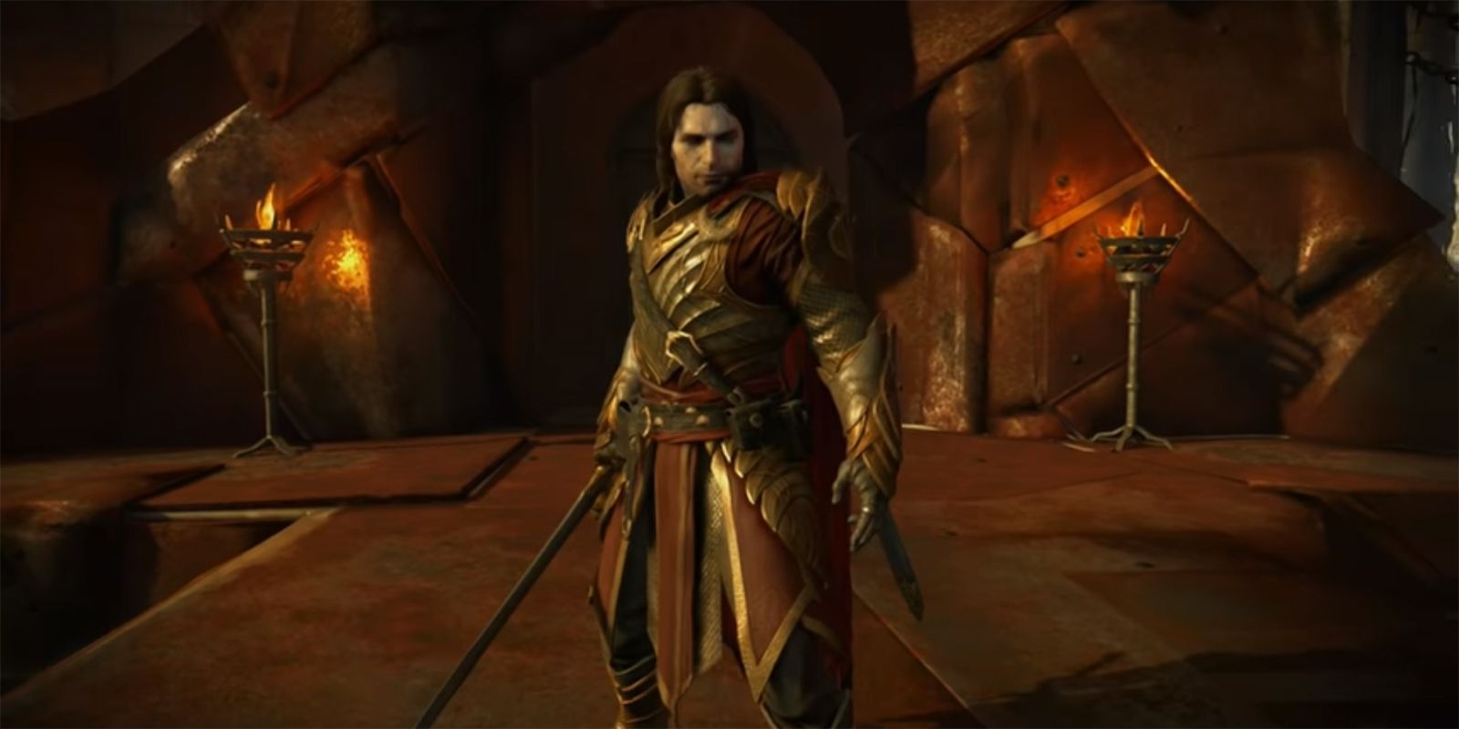 Talion standing atop a tower, wearing the Slaughter Legendary set.