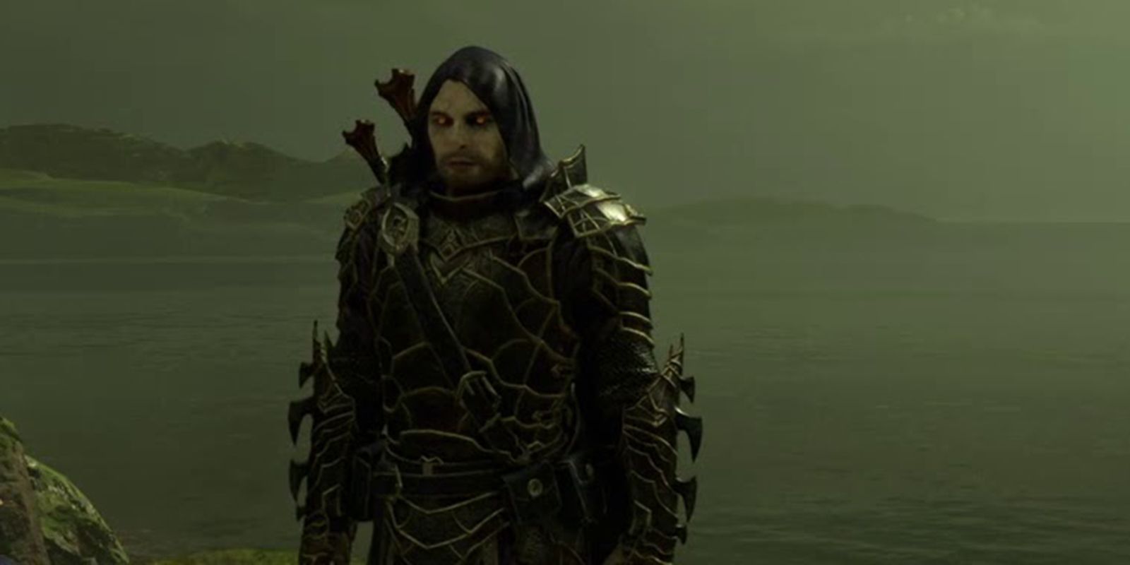 Talion standing by the ocean, wearing the Dark Legendary set.