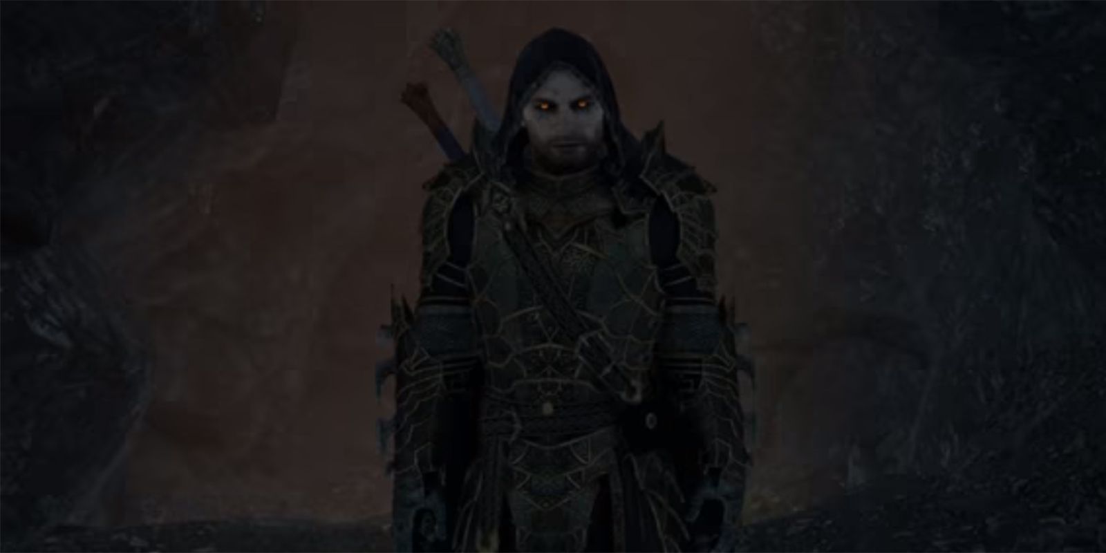 Talion standing inside a cave, wearing the Ringwraith Legendary set.