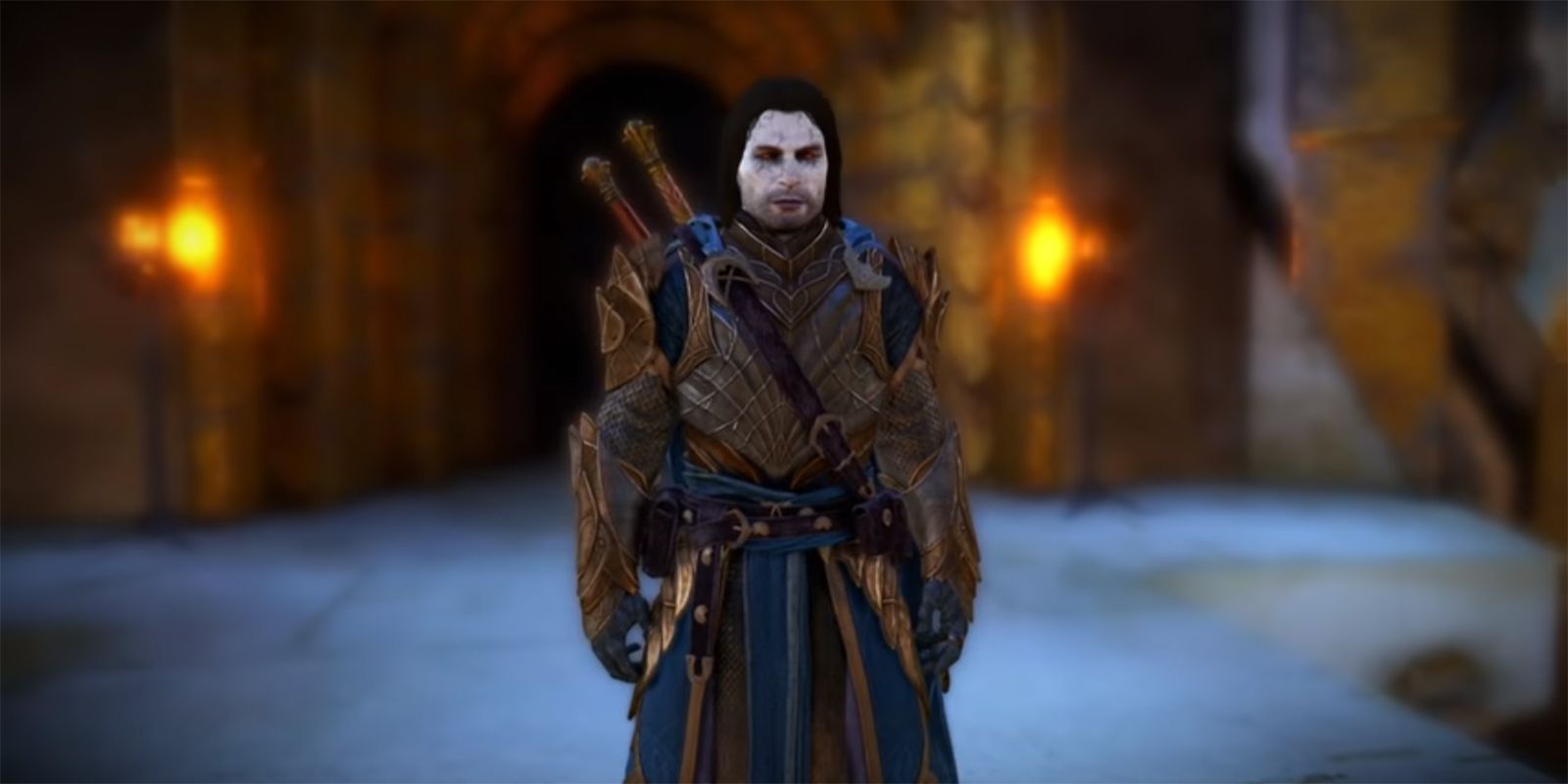 Talion standing atop a tower, wearing the Bright Legendary set.