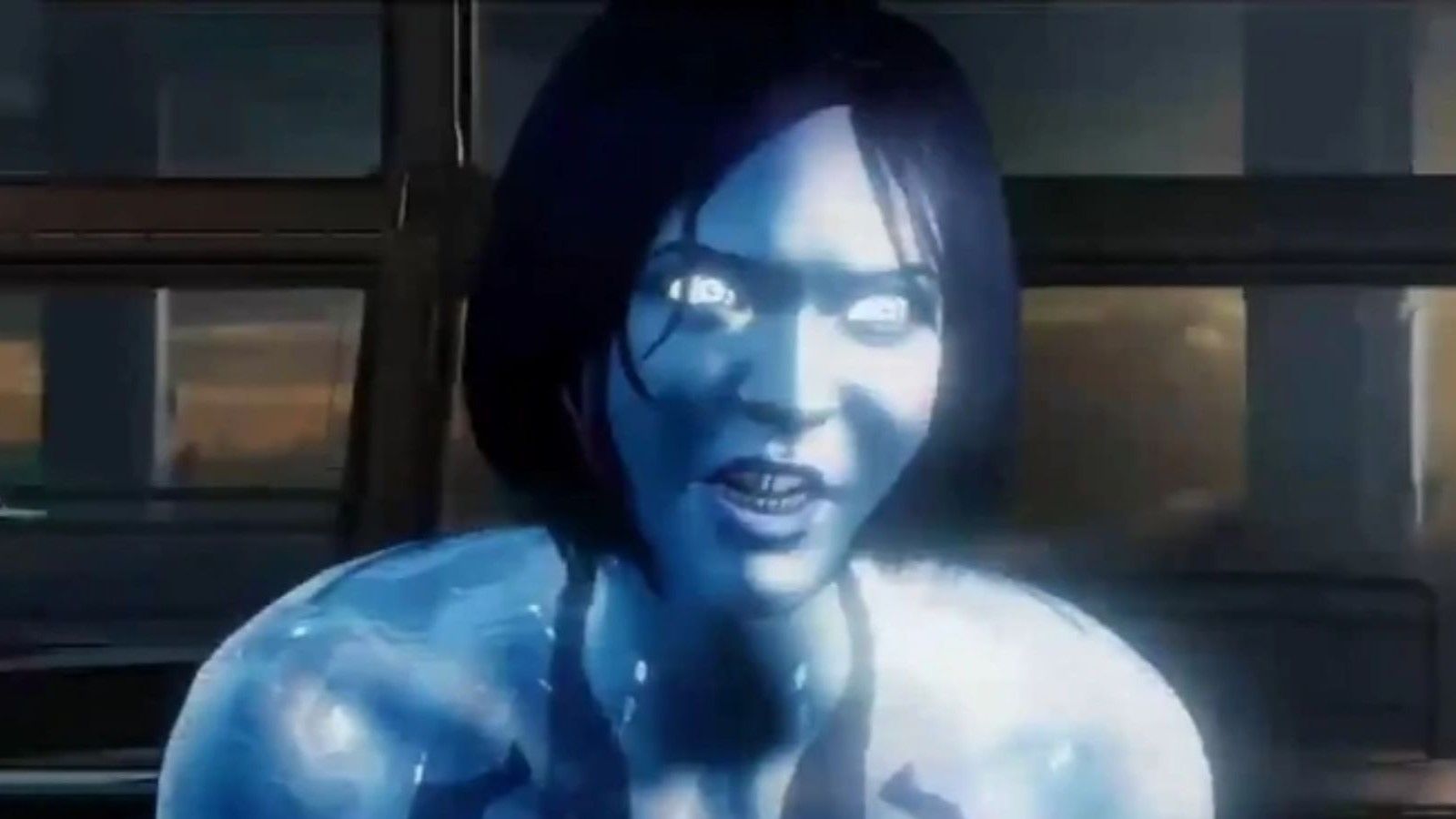 A shot from a Halo 4 cutscene of Cortana screaming. 