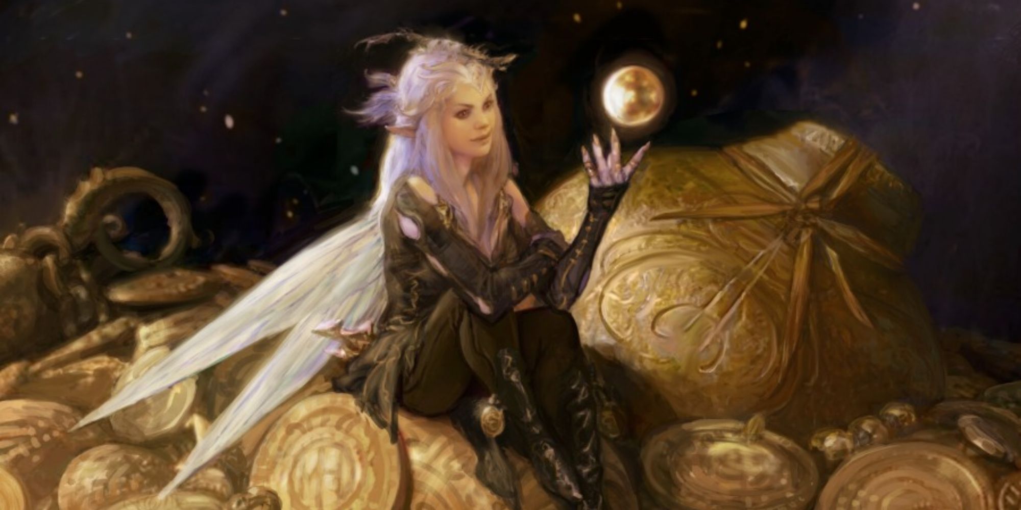 Magic: The Gathering's All That Glitters card with art by Iain McCaig, showing a fairy sat on gold coins.