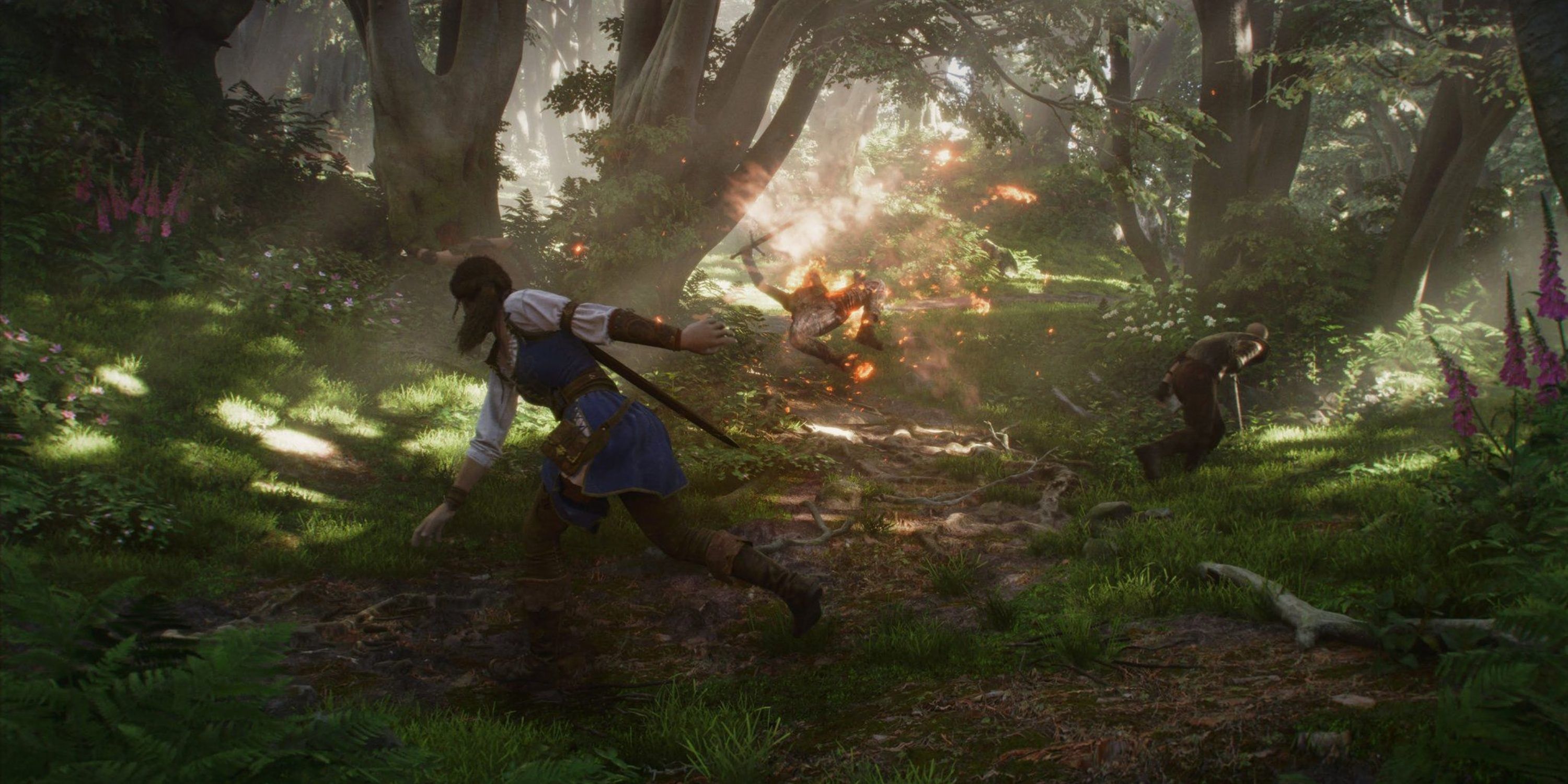 Character fighting enemies in the forest in Fable.