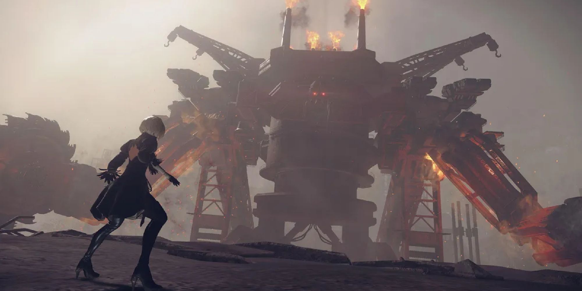 2B facing off a goliath-sized lifeform in NieR Automata