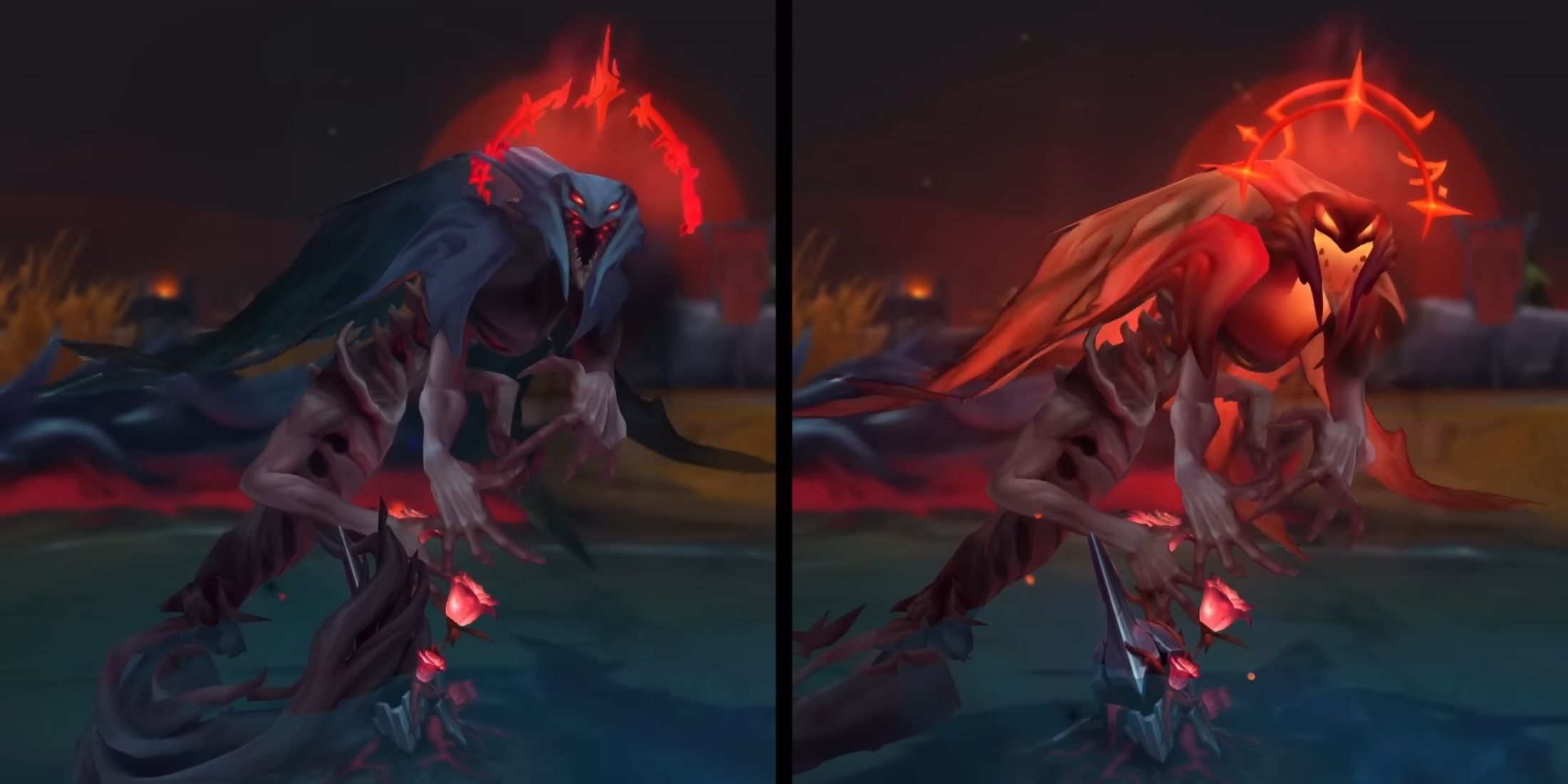 Two Atqkhan forms, a monstrous Noxian-themed creature with ominous red and dark blue hues, standing in water, exuding a menacing aura