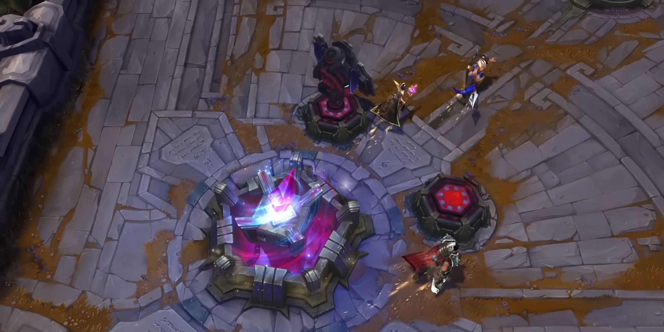 An aerial view of a Noxian nexus glowing with red and purple energy, flanked by defensive turrets