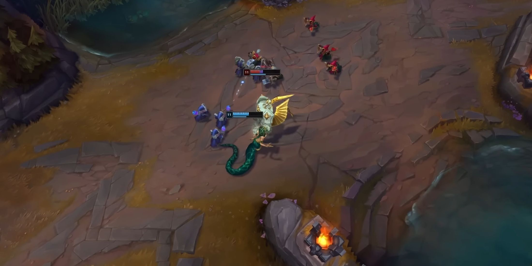 A mid-lane skirmish featuring Cassiopeia and Galio, surrounded by thematic details in League of Legends