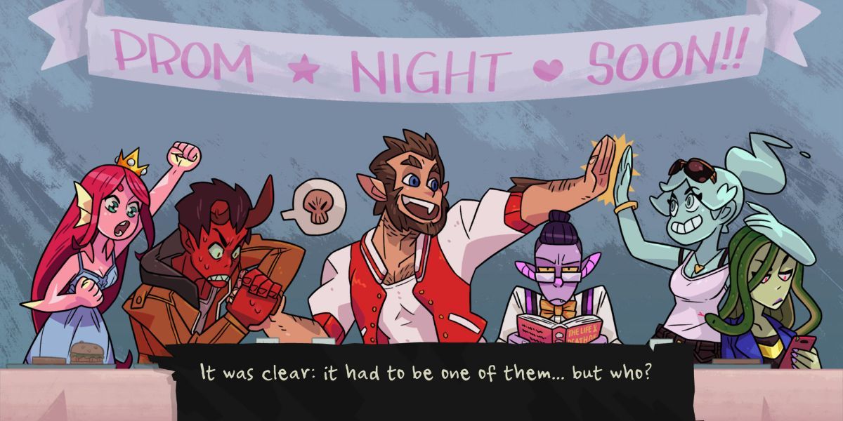 A screenshot from Monster Prom, featuring the six romanceable characters cheering.