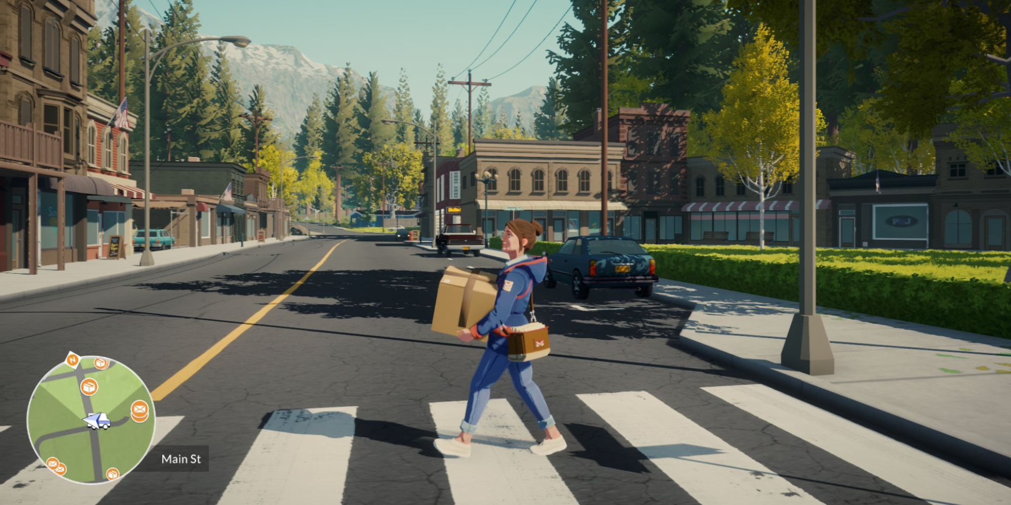 Meredith carries a package as she walks through the small town, capturing a quiet gameplay moment in her delivery route in Lake.