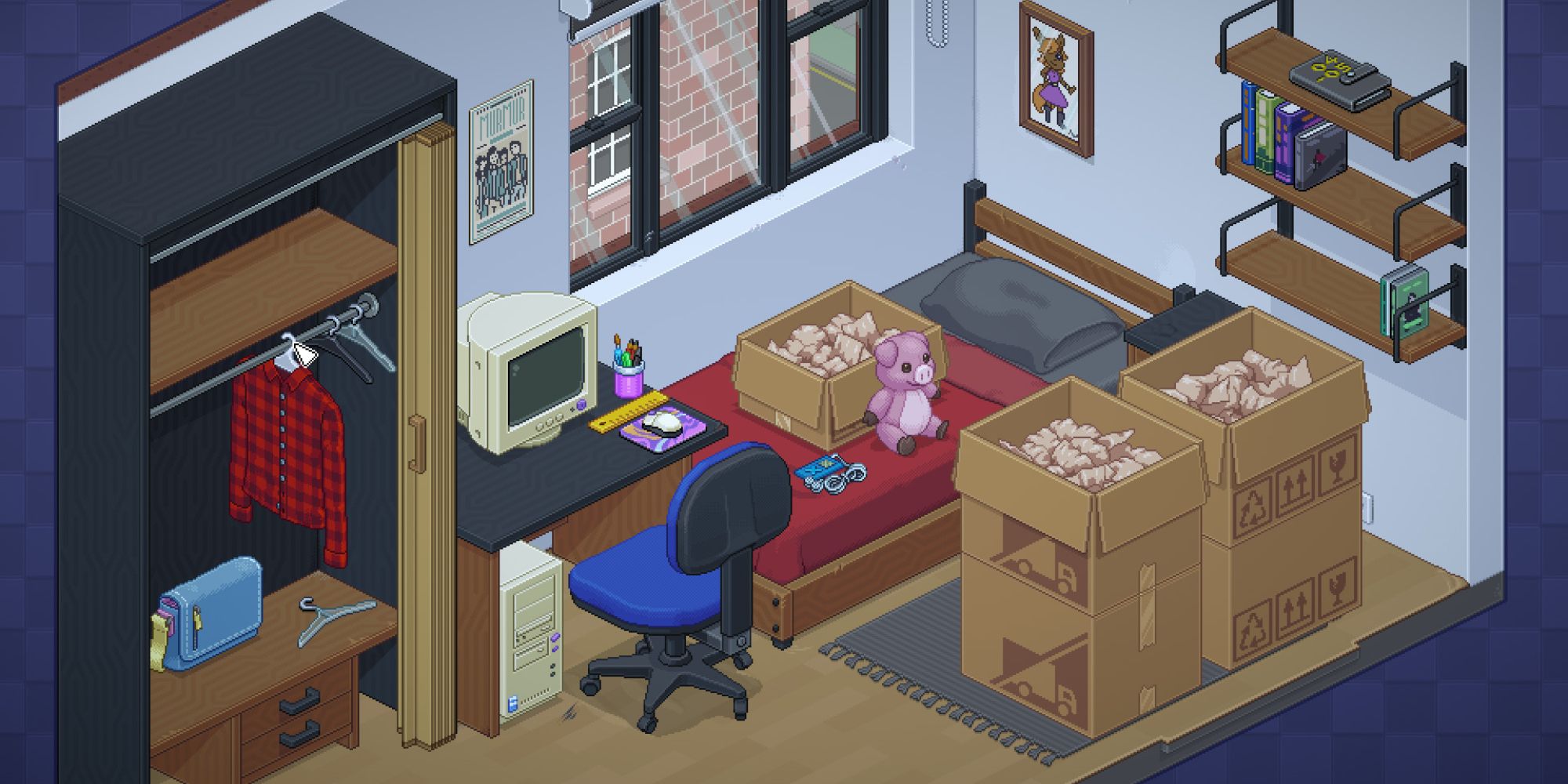 An image from the game Unpacking during the Dorm Room level. This game follows your life and you grow up and move to new rooms and houses.