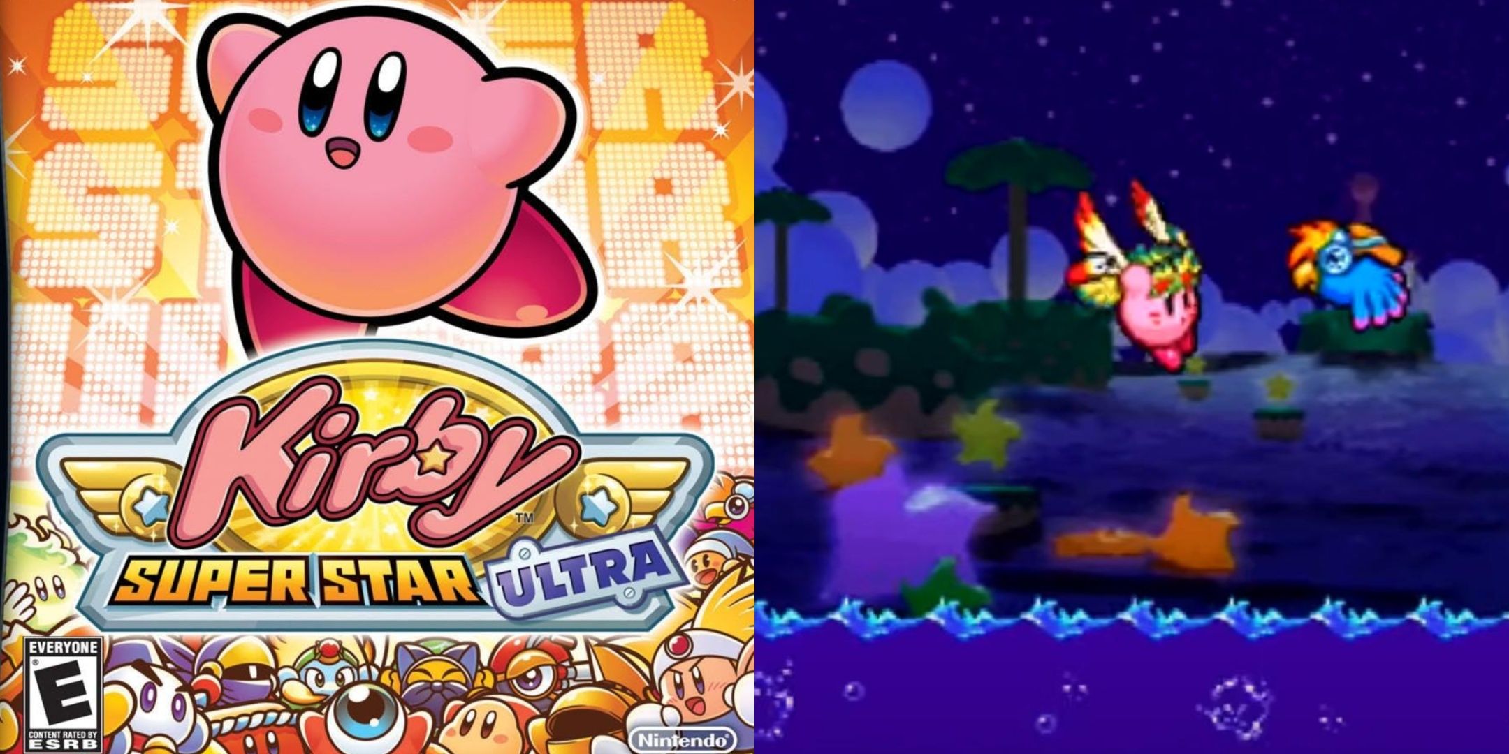 The box art for Kirby Super Star Ultra and an image of Wing Kirby fighting a bird.