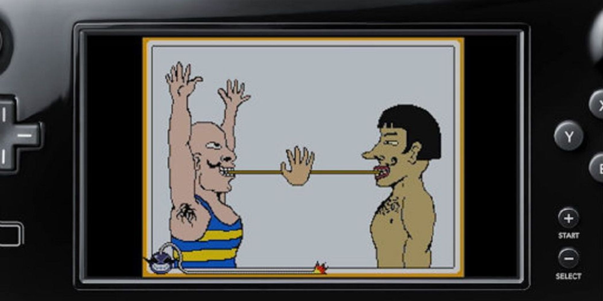 Two men bite on an elastic band in a microgame from Wario Ware Touched.