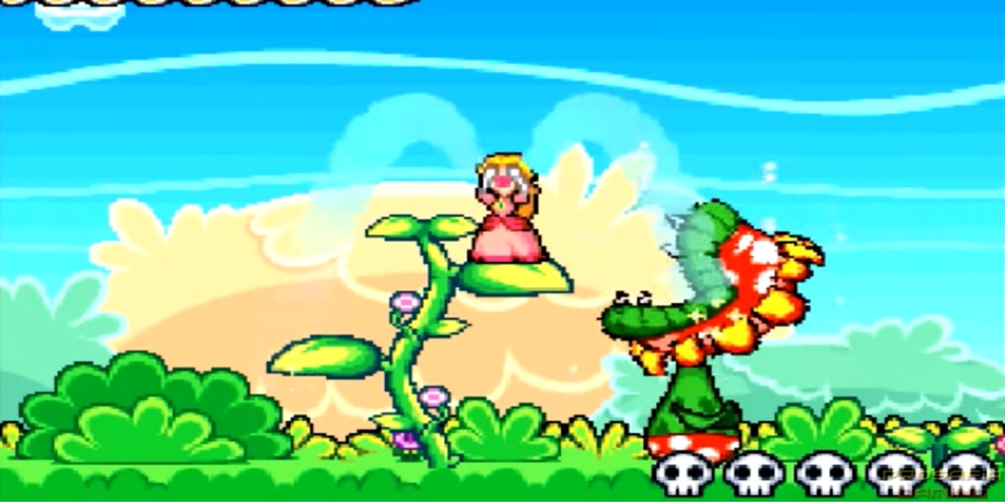 Princess Peach cries on Petey Piranha in Super Princess Peach for Nintendo DS.