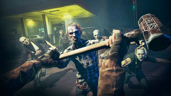 No More Room in Hell 2 Reinforcement update: A gameplay screenshot showing the player blocking a lunging zombie with a hammer at a gas station.