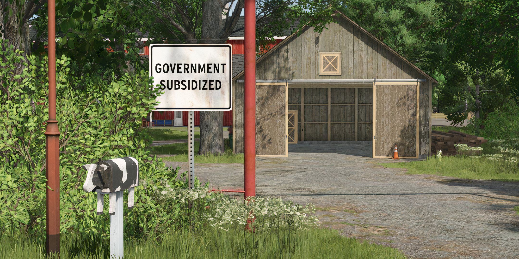 A house with a government subsidy sign in front of it in Farming Simulator