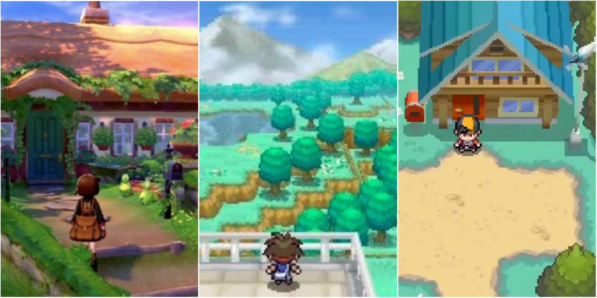 Split image screenshots of Postwick in Pokemon Sword and Shield, the lookout in Aspertia City in Pokemon Black 2 and White 2, and the player’s house in Pokemon HeartGold and SoulSilver.