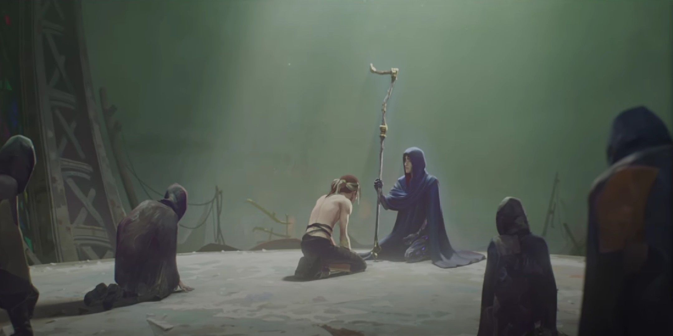 Viktor kneeling on the ground surrounded by others also kneeling in Arcane.