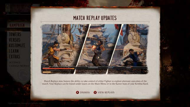 The Match Replay Updates screen pops up after the recent patch.