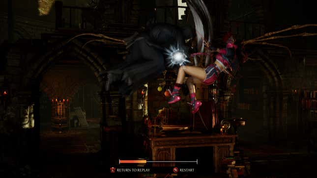 Ghostface hits Mileena in mid-air during a Replay Takeover.