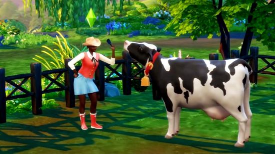 Sims 4 cheats: A female sim waves a cow bell at a cow