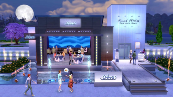 The Sims 4 Dine Out cheats: Night falls over a fancy restaurant with indoor and outdoor seating.