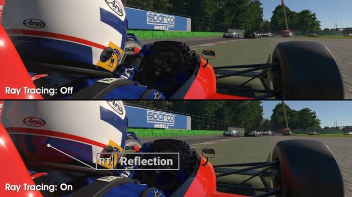 PS5 Pro RT on vs RT off in Gran Turismo 7 (screenshot). A reflection is visible on the driver's helmet.