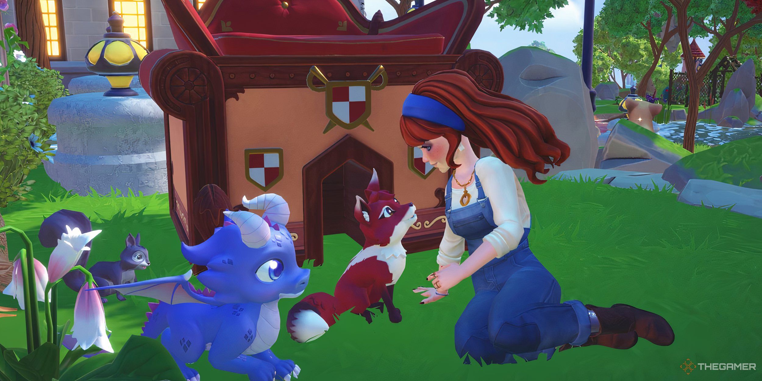 The avatar petting a fox with a squirrel and baby dragon in the grass.