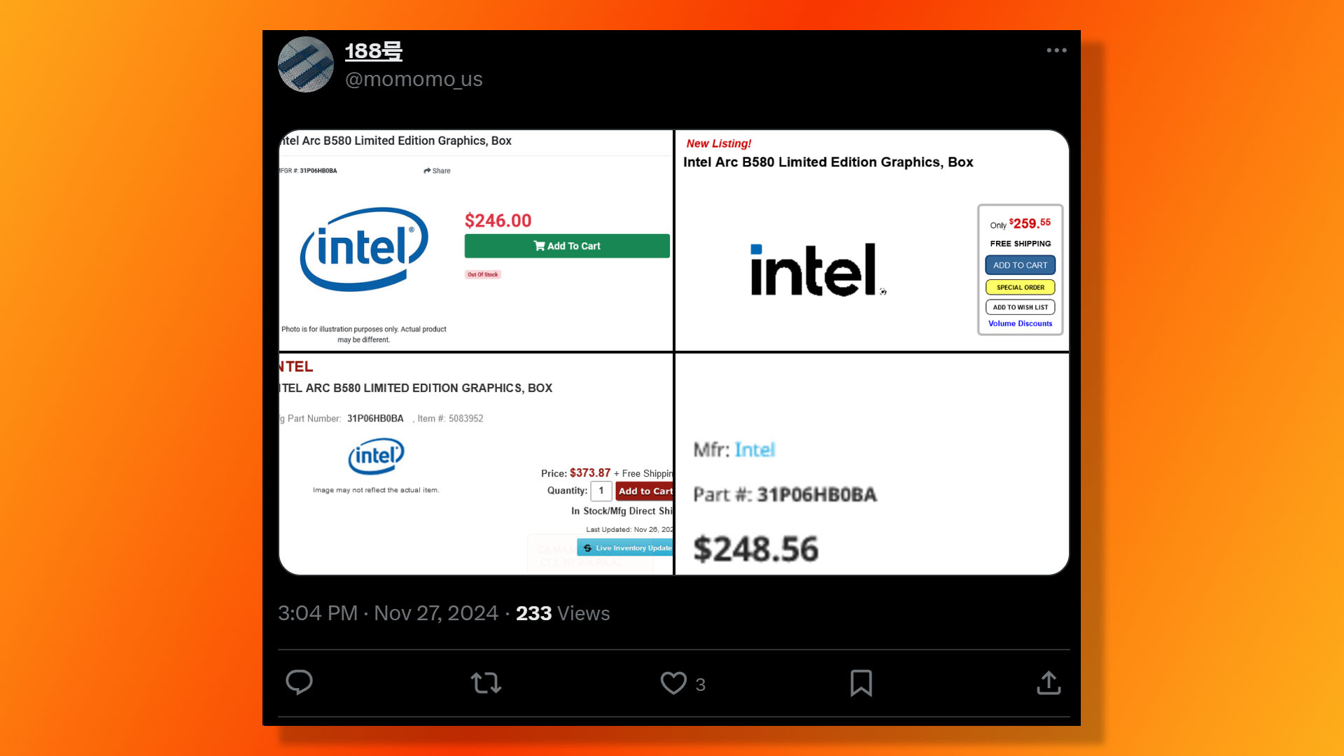 Intel Arc B580 Battlemage GPU price shown at various retailers, leaked on X by momomo_us.