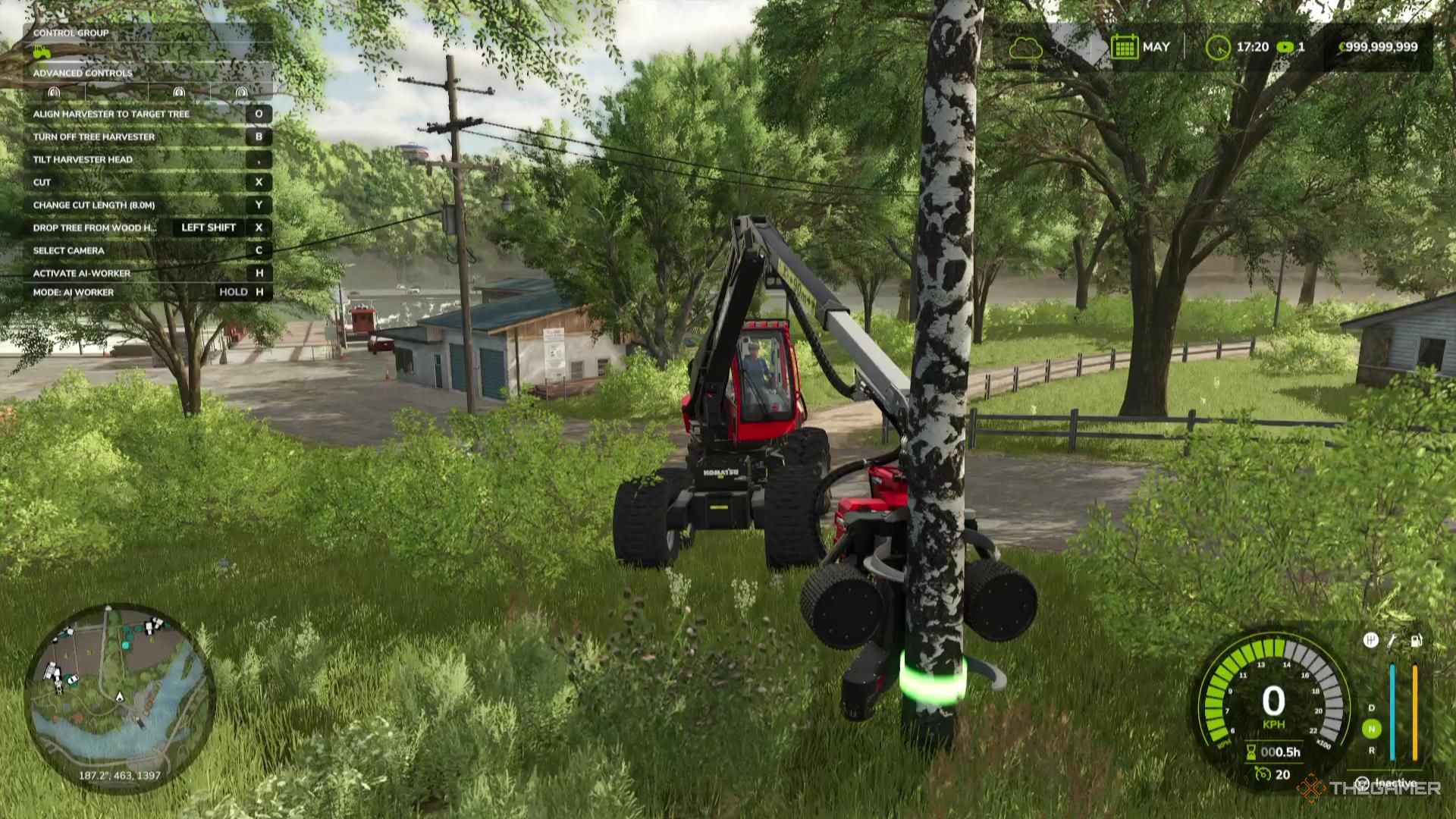 A harvester is about to cut down and grab a tree in Farming Simulator 25.