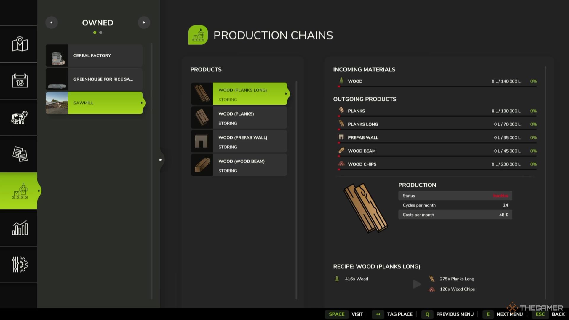 The production menu for the sawmill in Farming Simulator 25.