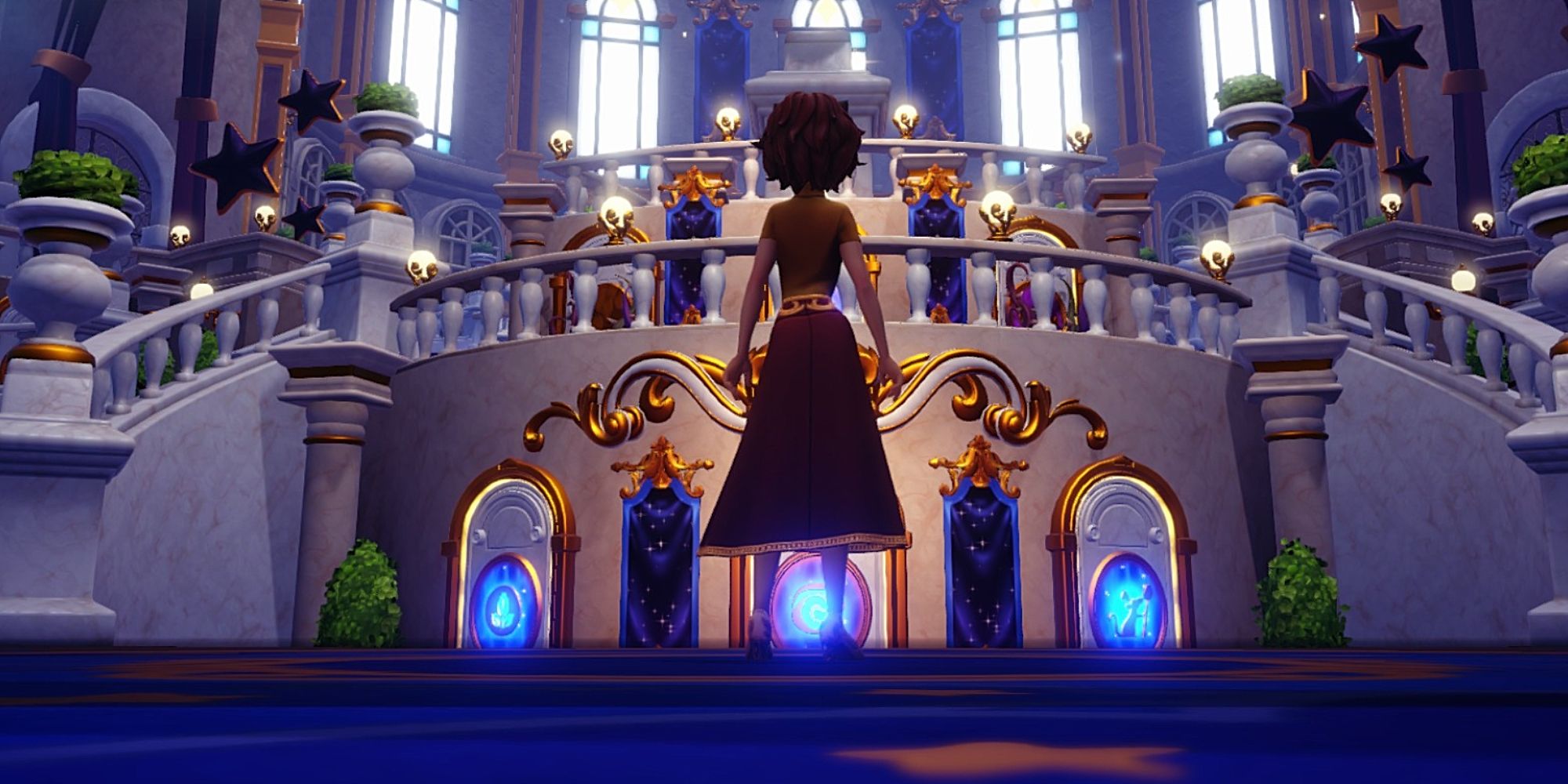 player character standing in front of dream castle doors in dreamlight valley