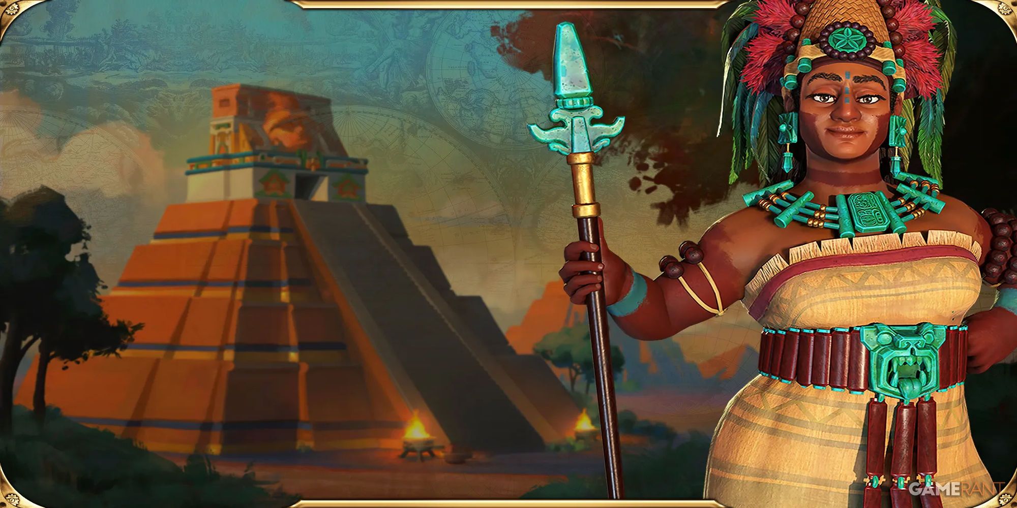 The Civ 6 mayan leader with a mayan pyramid behind her