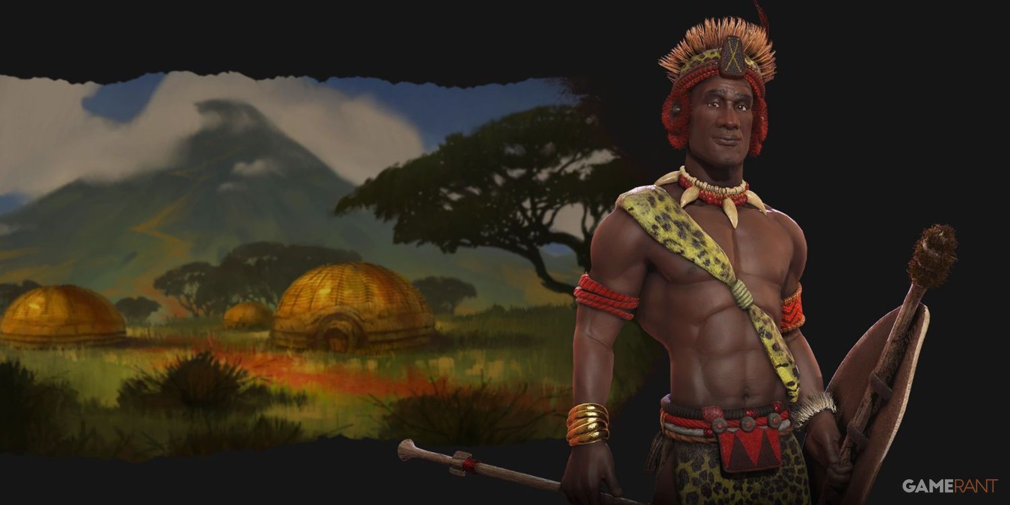 Shaka from Civilization 6 with a painting of a village in the background