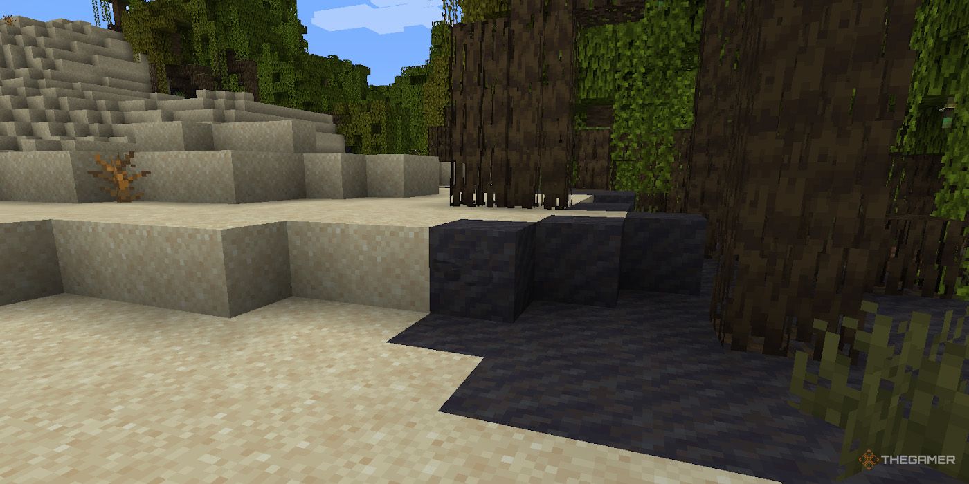 In Minecraft, a sandy desert biome clashes with a dark swamp region.