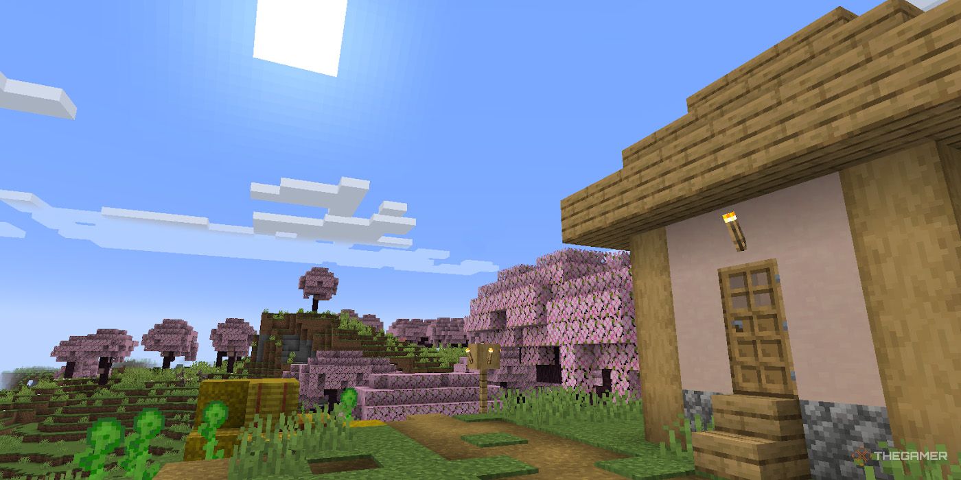 A village structure borders a cherry blossom grove in Minecraft.