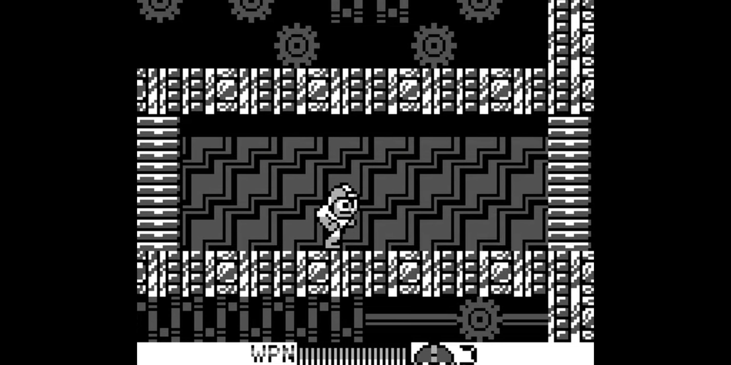 Mega Man runs through a hallway.