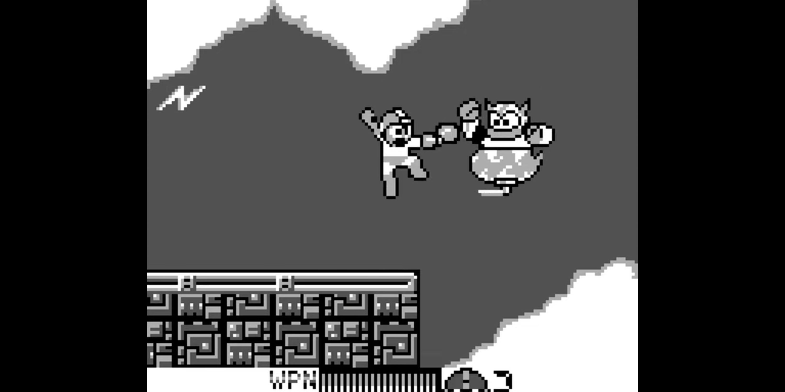 Mega Man jumps into the air to attack an enemy.