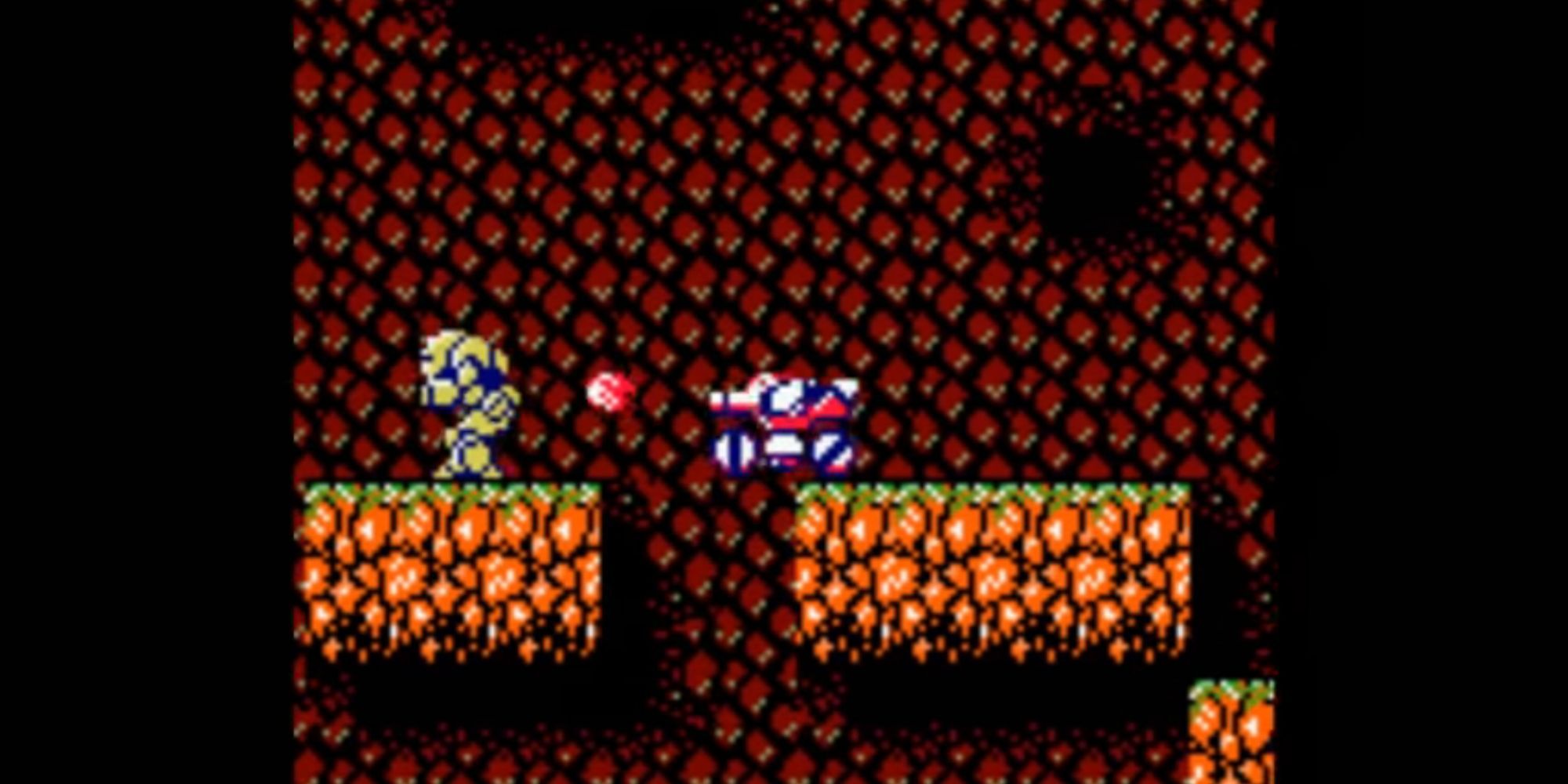 The SOPHIA shoots an enemy from behind in a cave.