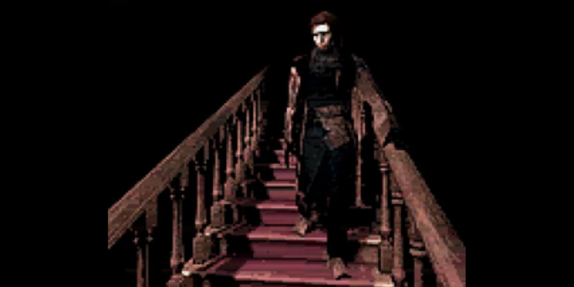 Carnby walks down stairs in the dark in Alone in the Dark.