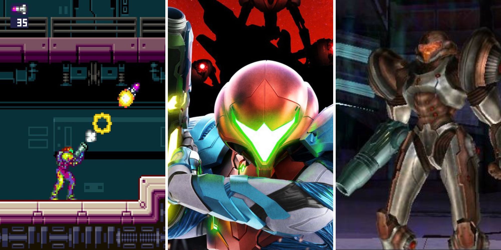 Samus shoots upward, Samus stands in front of E.M.M.I's, Dark Suit Samus walks forward