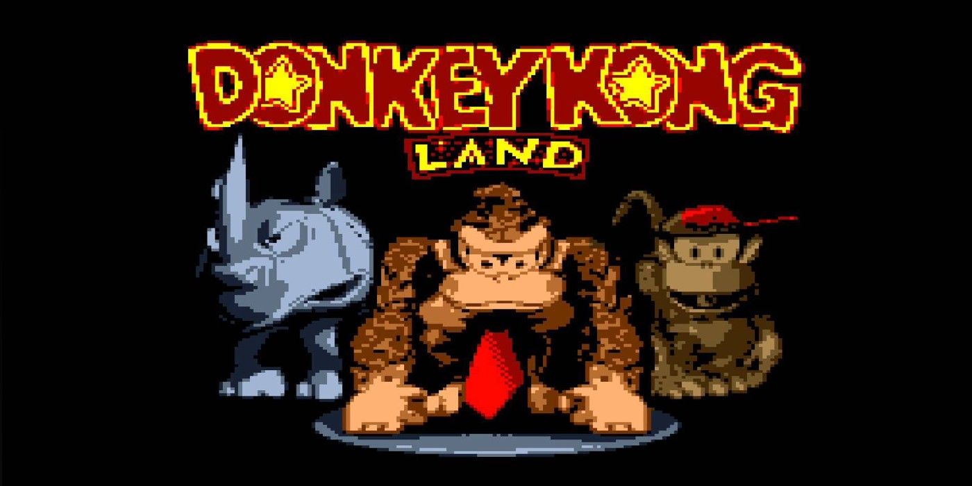 Donkey Kong, Diddy Kong, and Rambi the Rhino on the Donkey Kong Land start screen.