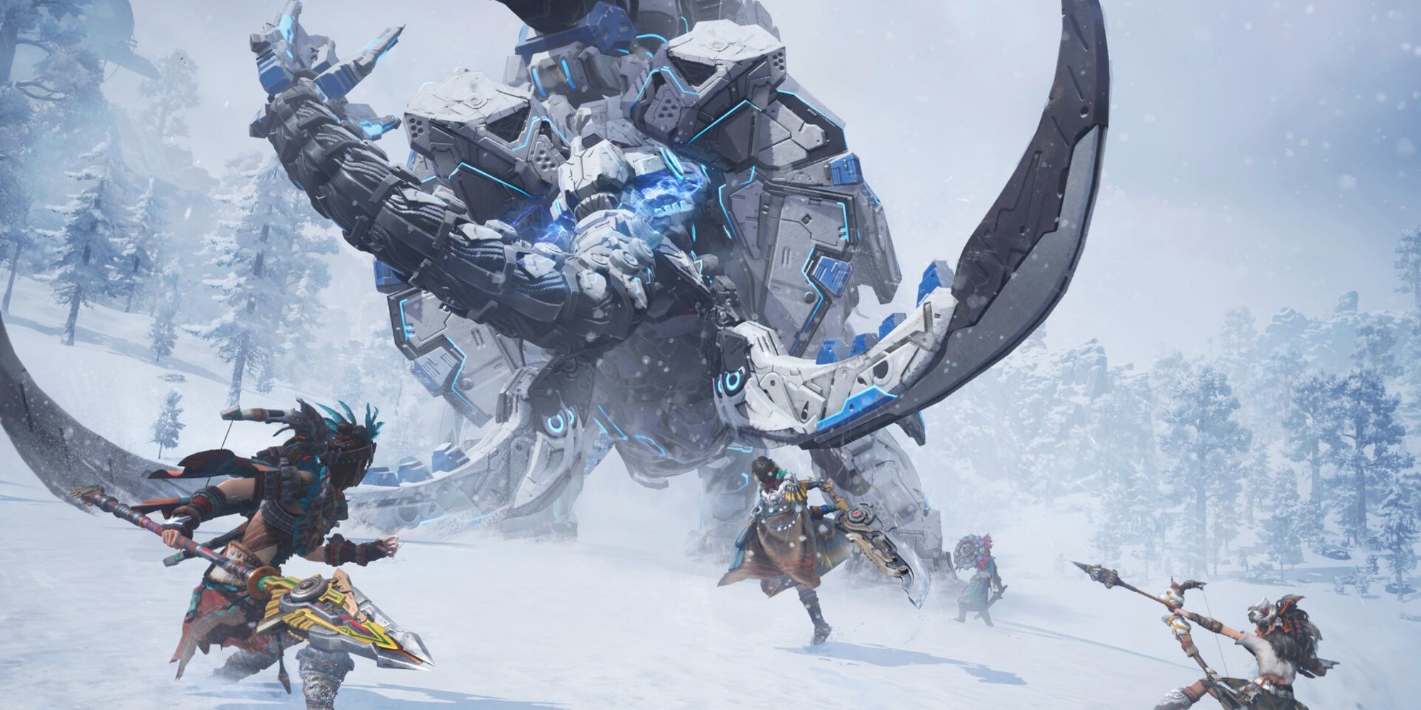 Three warriors fighting a mechanical elephant creature in the snow in Light of Motiram.