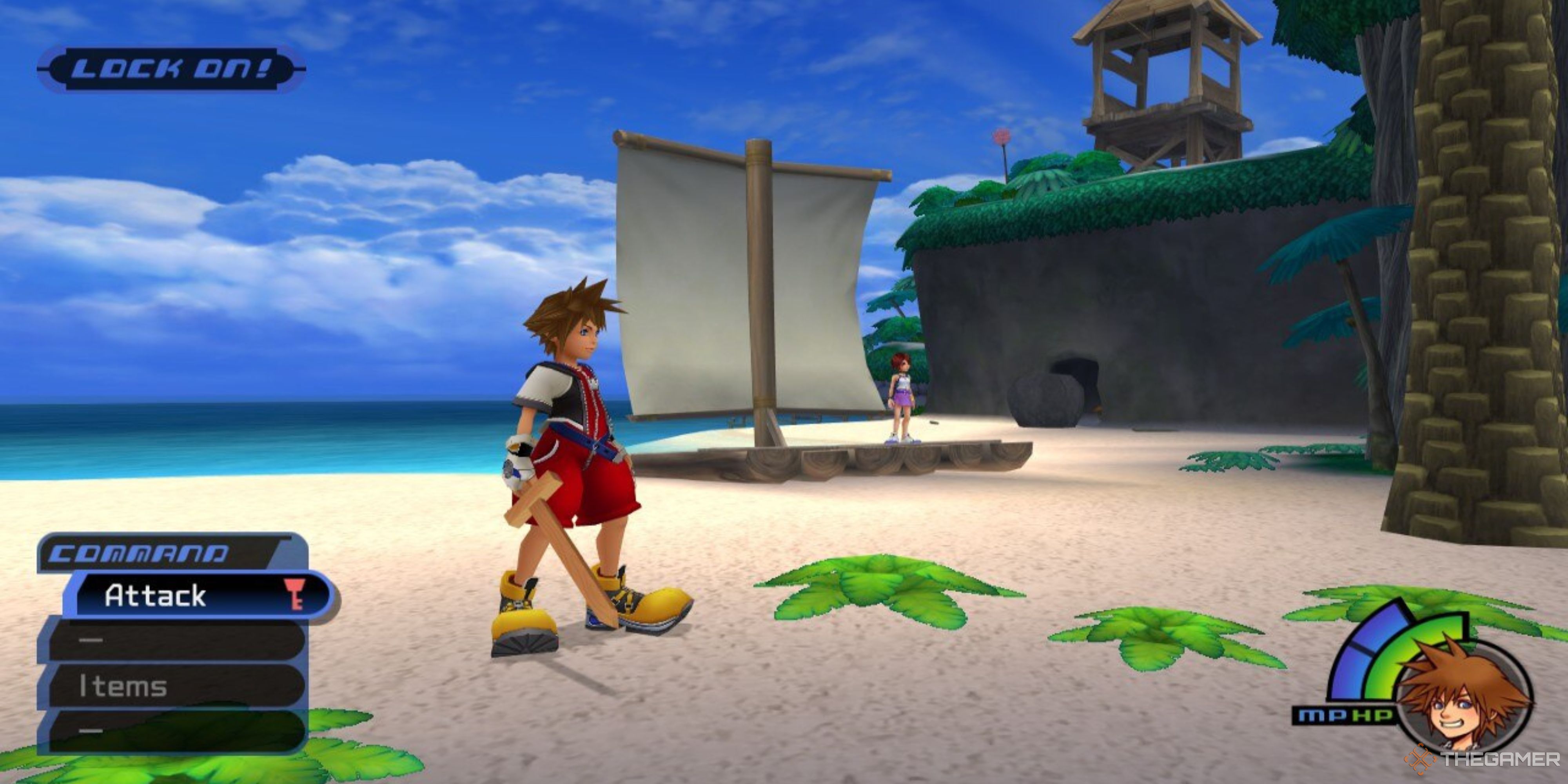 Sora and Kairi are standing near their raft in Kingdom Hearts.