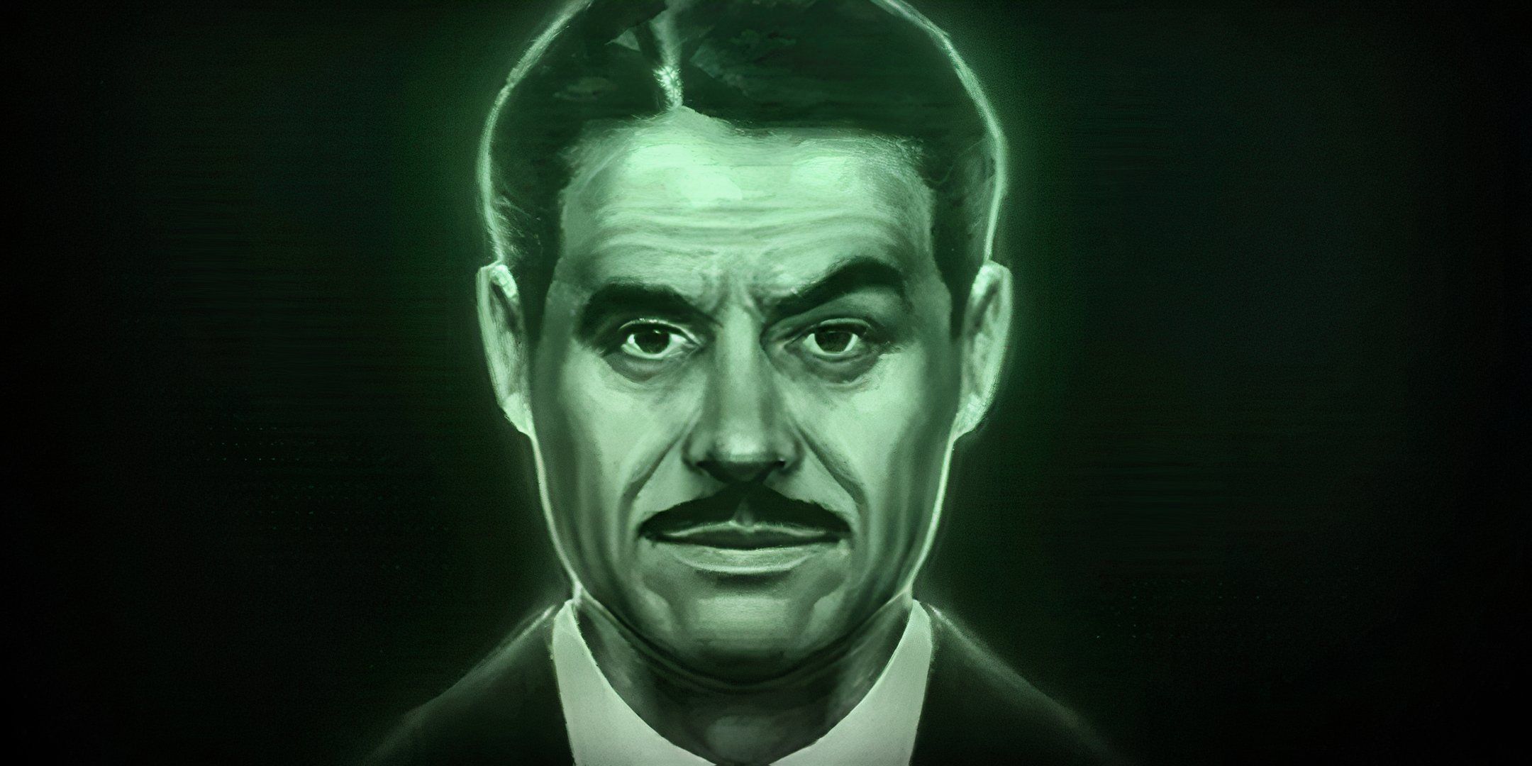 A moustached figure on a green screen staring ahead in Fallout New Vegas.