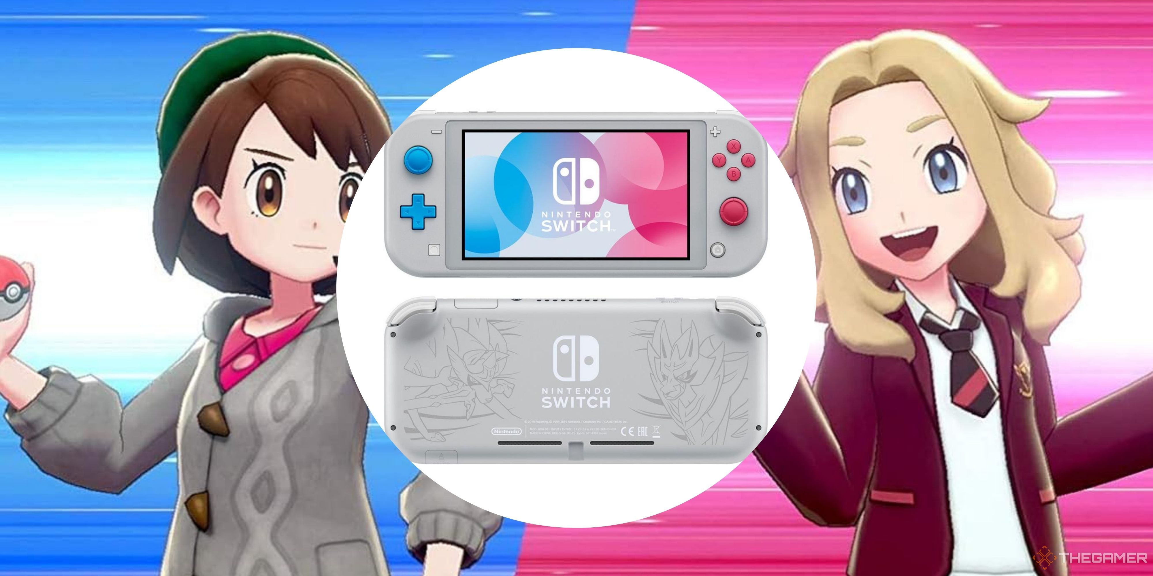 pokemon trainers in sword and shield either side of a pokemon-themed switch lite.