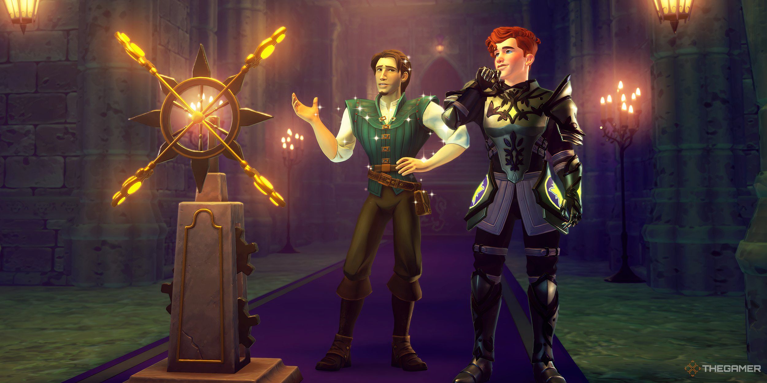 The avatar in armor with Flynn inside the Fairy Tale Trial.