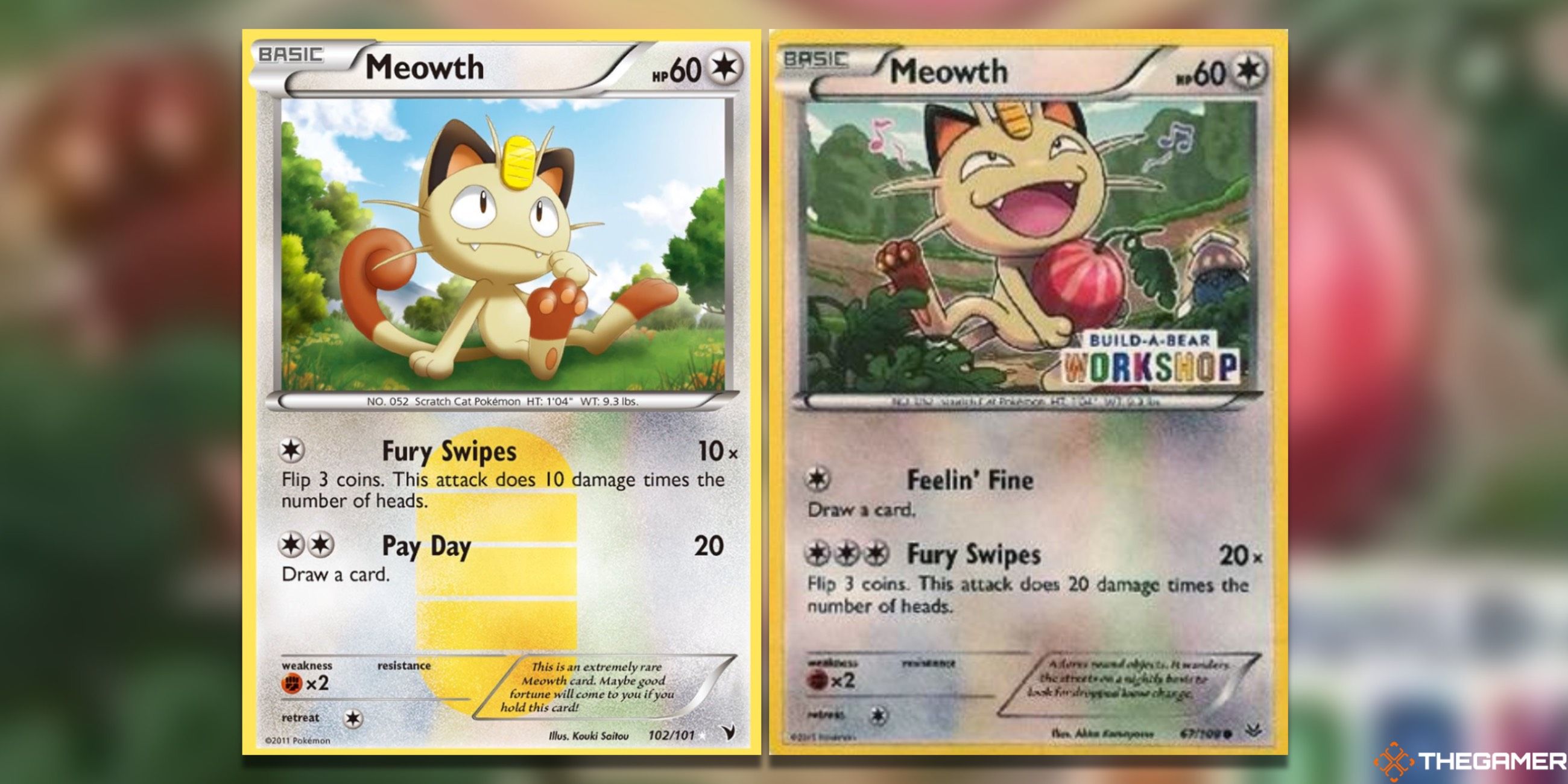 The Meowth Noble Victories Secret Rare and the Build-A-Bear Workshop promo from the Pokemon TCG.