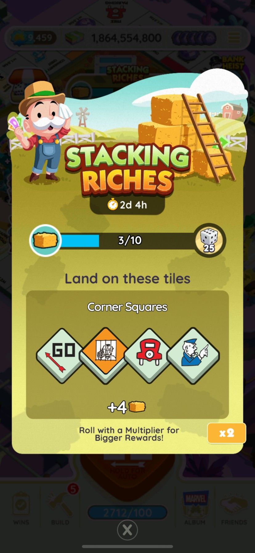 Start screen showing how to earn points for Stacking Riches rewards in Monopoly go.